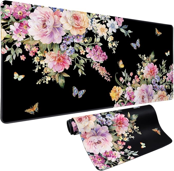 Pink Flower Desk Mat Mouse Pad Waterproof, Butterfly Floral XXL Extended Large Gaming Desk Pad Mousepad, Black Computer Laptop Keyboard Mouse Mat for Women Girls Work, Game, Office, Home 31.5x15.7 in