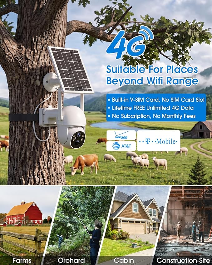 SANSCO 4G LTE Cellular Solar Security Camera Wireless Outdoor, Lifetime Free Unlimited Data, NO WiFi 2K Color Night Vision, PTZ 360 View, 2 Way Audio, Motion Detection, Built-in SIM Card, 64G TF Card