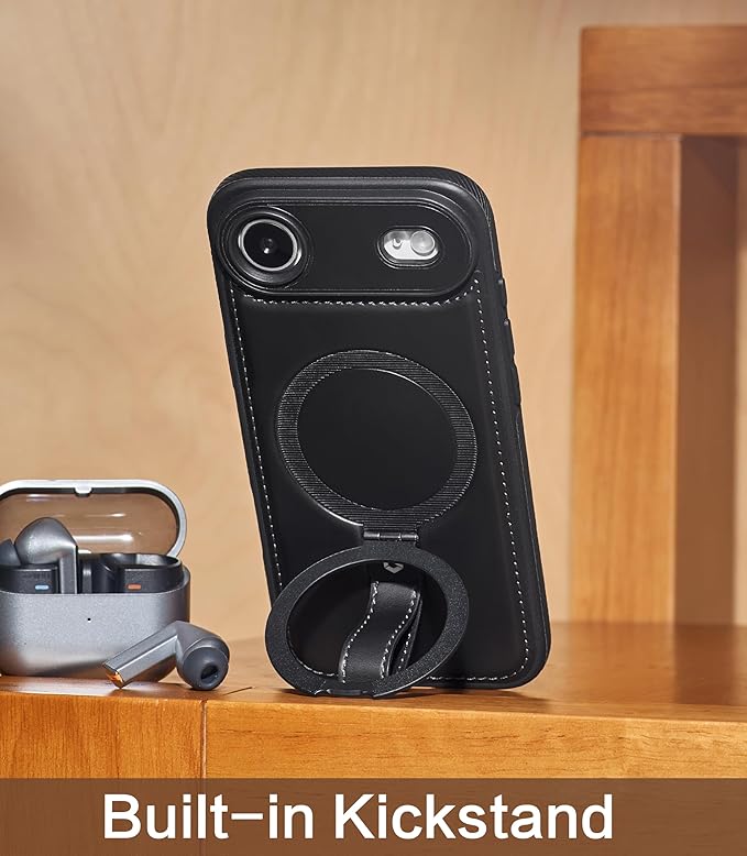 Butaiga for iPhone Air Leather Case with Stand, Anti-Slip Grip Ring, Fits for MagSafe (Black, iPhone Air)