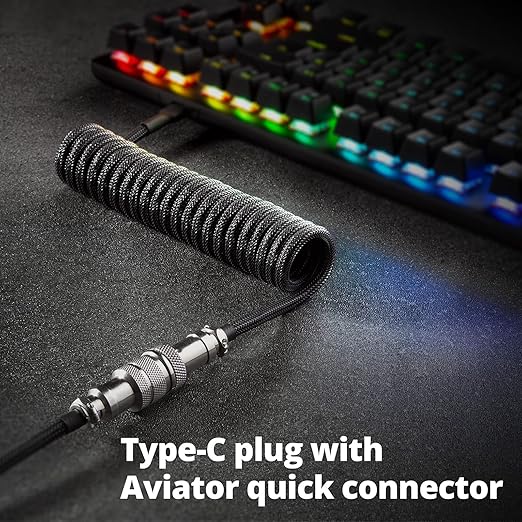 GUNMJO Pro Custom Coiled USB C Cable for Gaming Keyboard, Double-Sleeved Mechanical Keyboard Cable with Detachable Metal Aviator, 1.5M USB-C to USB-A, Carbon Black Color
