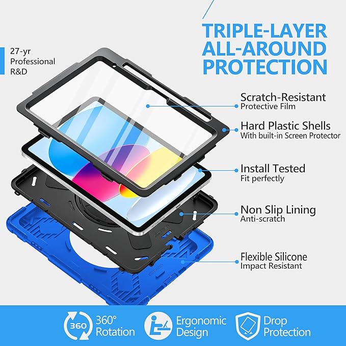 Case for iPad (A16) 11th/10th Generation Case: Protective Cover for iPad 11th Gen 11 Inch 2025 &10th Gen 10.9" 2022 with Screen Protector- Stand- Shoulder Strap- Handle- Pencil Holder-Black+Blue