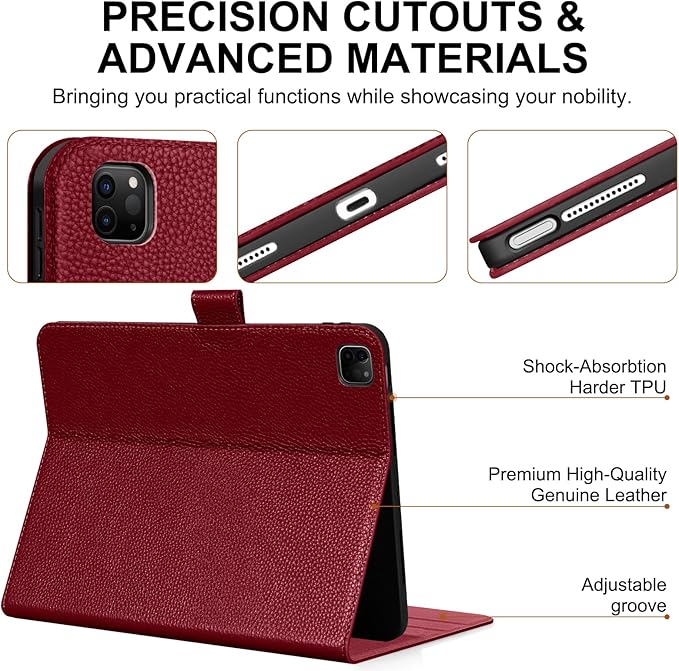 Genuine Leather Case for iPad Pro 12.9 inch 6th/5th/4th/3rd Generation 2022/2021/2020/2018 | with Pencil Holder and Adjustable Stand, Magnetic Closure, Auto Wake/Sleep Cover | Wine Red