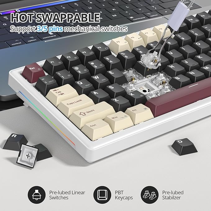 75% Mechanical Keyboard Gasket with Knob, Custom Wired Creamy Gaming Keyboard TKL 75 Percent Hot Swappable RGB Backlit, Pre-lubed Switch for Win/MAC（Roma/White Switch）