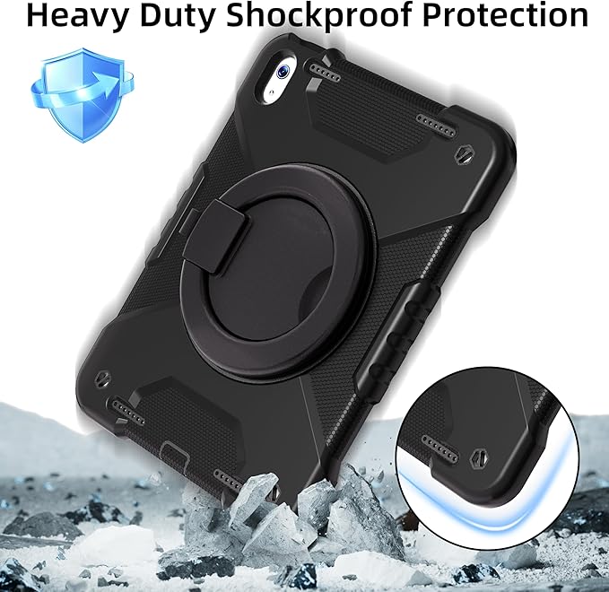 Andnary Case for iPad (A16) 11th Generation 11 inch 2025/10th Generation 10.9 inch 2022, Shockproof Cover with Screen Protector/360° Rotate Handle/Bracket/Pen Holder/Shoulder Strap (Black)