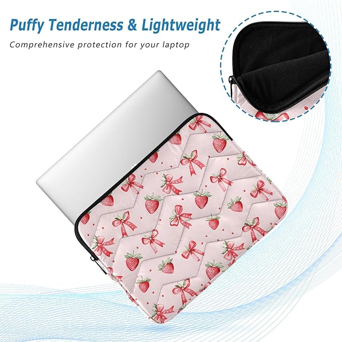 Laptop Case Sleeve, Pink Strawberries Bows Pattern Shockproof Protective Computer Carrying Cover, Briefcase Handbags 13-13.3inch Laptop Sleeve Bag