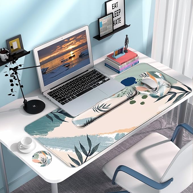 Desk Mat Set + Keyboard and Mouse Pad with Wrist Rest Support,4-in-1 Large Mousepad Computer Mats for Desktop Home & Office-Leaves 2