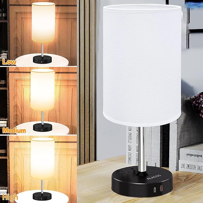 Small Bedside Table Lamp for Bedroom - 3 Way Dimmable Touch Lamp with USB Charging Station and AC Outlet, Wood Base & Fabric Linen Lampshade for Office, Living Room, Dorm, Black-White, (LED Included)