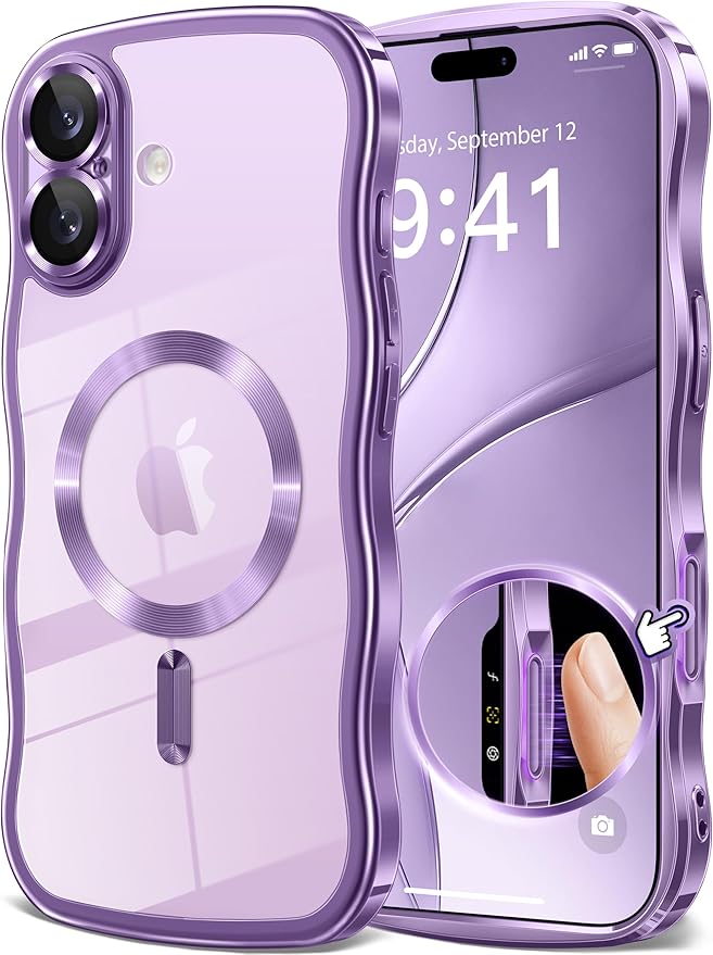 GVIEWIN for iPhone 17 Case Compatible with MagSafe, Upgraded [Full Camera Protection][Cute Wave Frame][Military Grade Protection] Electroplated Hard Phone Cover for Women Girl, Clear/Lilac Purple