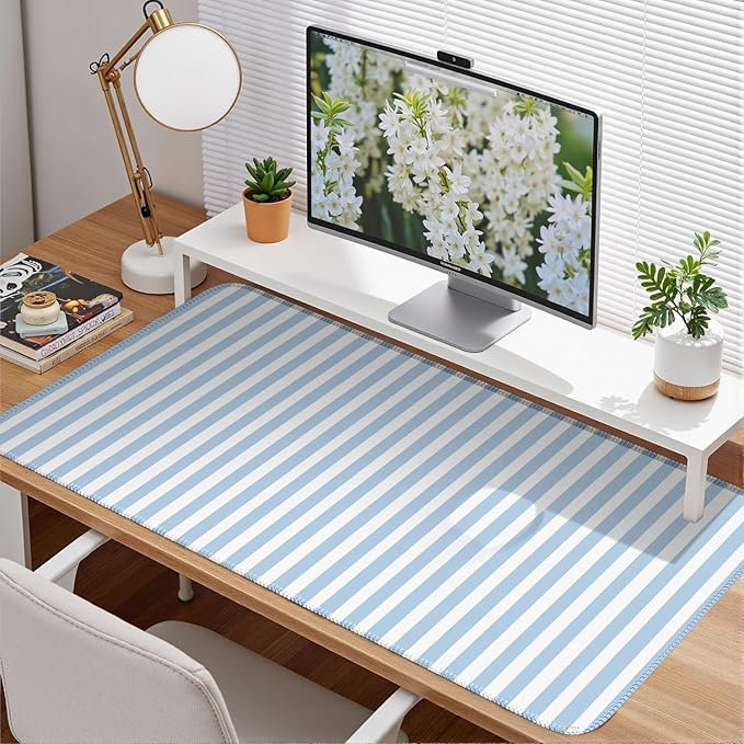 Blue Striped Desk Mat Cute Pastel Large Mouse Pad Kawaii Aesthetic Extended Mat for Home Office Desk Decor Cozy Gaming Keyboard Pad 31.5 X 15.7