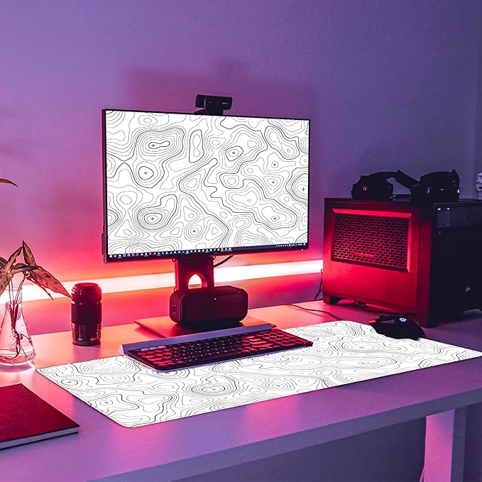 Topographic Large Gaming Mouse Pad,White Mouse Pad Gaming Mouse Mat Desk Pad,31.5 x 11.8 Desk Mat Minimalist Mouse Pads for Desk,Extended White Keyboard Mousepad with Non-Slip Base and Stitched Edge
