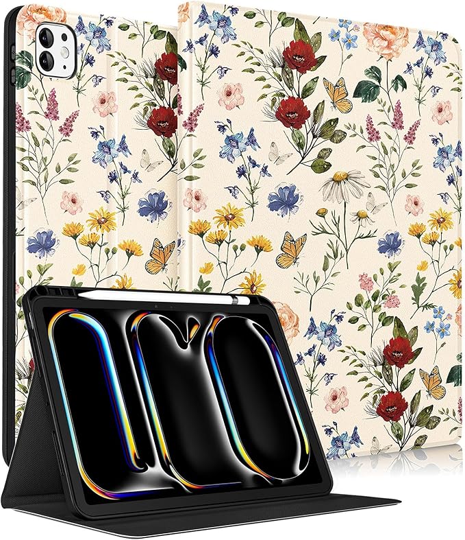 Uppuppy for iPad Pro 11 Inch Case 2024 - Women Cute Girls Folio Smart Cover with Pencil Holder Girly Flower Floral Pretty Aesthetic for iPad Pro 11 M4 Cases A2836 A2837 A3006