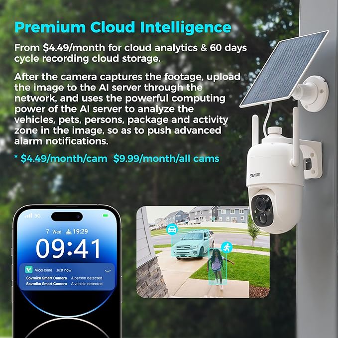 Vicohome 3CQ1 AI 2K Solar Security Camera Wireless Outdoor, Battery Powered,Two Way Audio,Motion Detection, 360° View,Easy to Setup,Color Night Vision,Audible Flashlight Siren,180 Days Exchange Policy