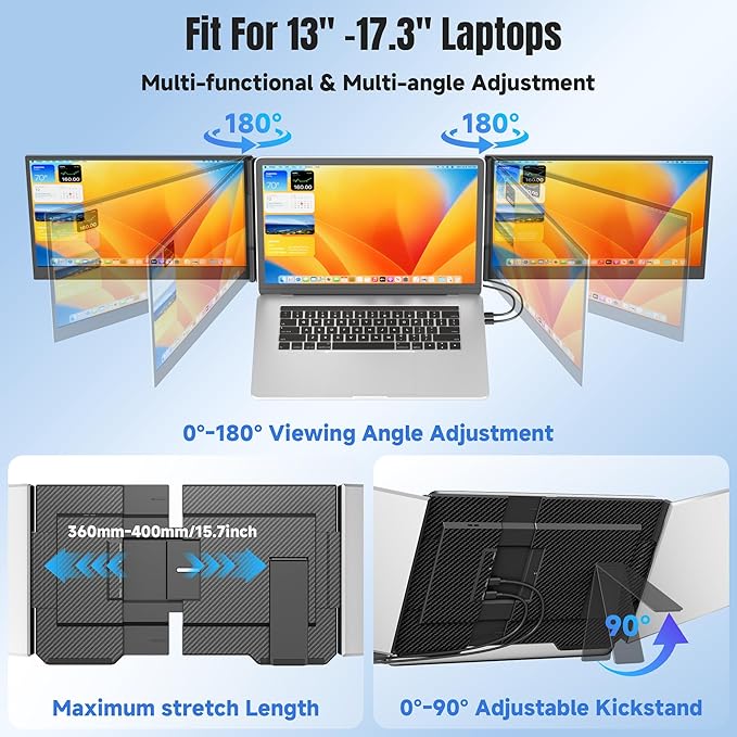 KEFEYA Laptop Screen Extender 15.6", FHD 1080P Portable Triple Monitor for Laptops 13-17.3", 0.16" Ultra-Thin Dual Laptop Monitor Extender for Windows/Mac/Dex/Chrome/Surface, Plug n Play