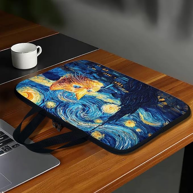 17 Inch Starry Night Cat Laptop Sleeve Tablet Protector Case with Handle, Men Women Zipper Computer Bag Carrying Case Notebook Cover Messenger Briefcase for Travel/Office/Work