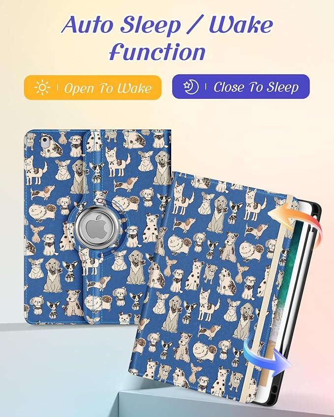 Kidcube for iPad 5th Generation Case 2017/Air 1st 2013/Pro 9.7 Inch Case 2016 - Women Girls Kids Cute Rotating Stand Folio Cover with Pencil Holder & Card Slot Kawaii Cool Dogs Unique Design Cover