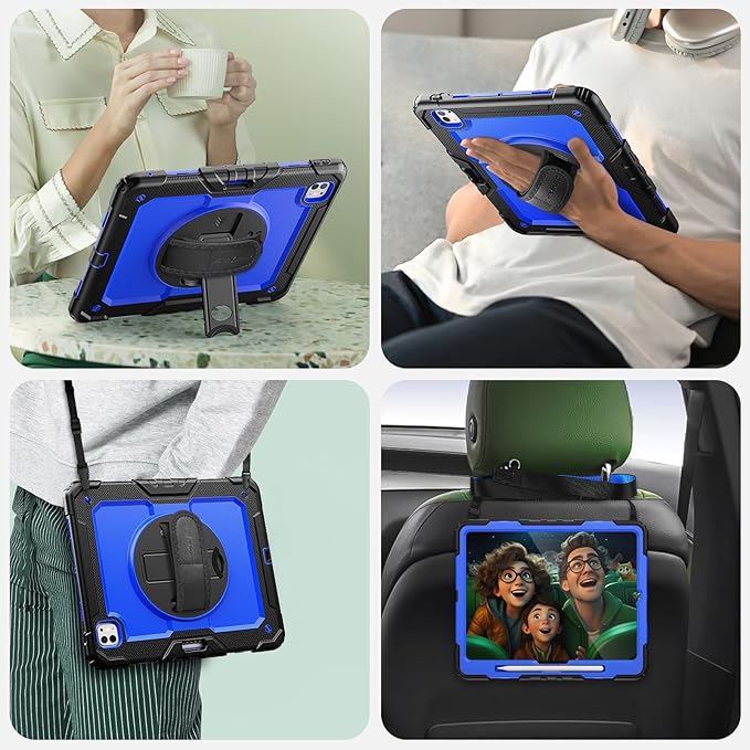SEYMAC Case for iPad Pro 13 Inch M5 2025 / M4 2024, Heavy Duty Shockproof Protective Case with Screen Protector, 360° Rotating Stand, Hand/Shoulder Strap and Pen Holder, Blue