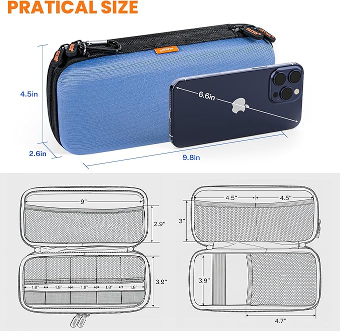 Hard Shell Carrying Case with Multiple Pocket - Double-Layer Electronics Organizer Travel Case - Portable Zipper Tech Cord Pouch Bag for Charger, Phone, Power Bank, Extenal Hard Drive, USB Flash Drive