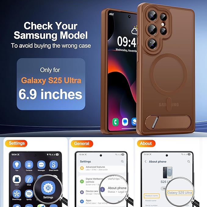 Magnetic for Samsung Galaxy S25 Ultra Case, [Compatible with MagSafe][Full Camera Protection][Built-in Invisible Kickstand] Translucent Matte Phone Case for S25 Ultra 6.9" - Brown