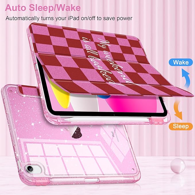 DONGKE for iPad Pro 11 inch Case – Fits M5 2025 / M4 2024, Shockproof Sparkling Glitter Acrylic Back, Pencil Holder, Trifold Stand, Auto Sleep/Wake & Touch ID Support - Red Checkerboard