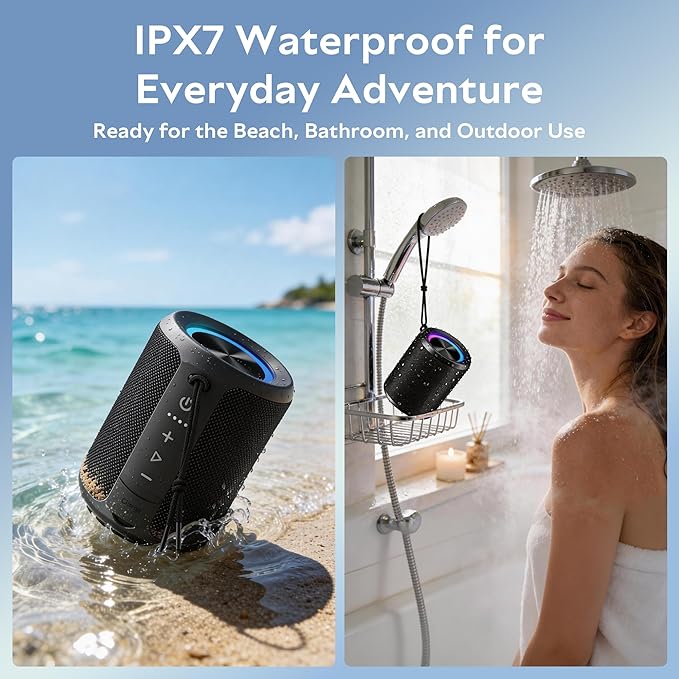 Portable Bluetooth Speaker, IPX7 Waterproof Wireless Speaker with 20W Loud Stereo Sound, 15H Playtime & Beat-Synced RGB Light, Small Outdoor Speaker for Shower, Pool, Beach, Hiking and Gifts