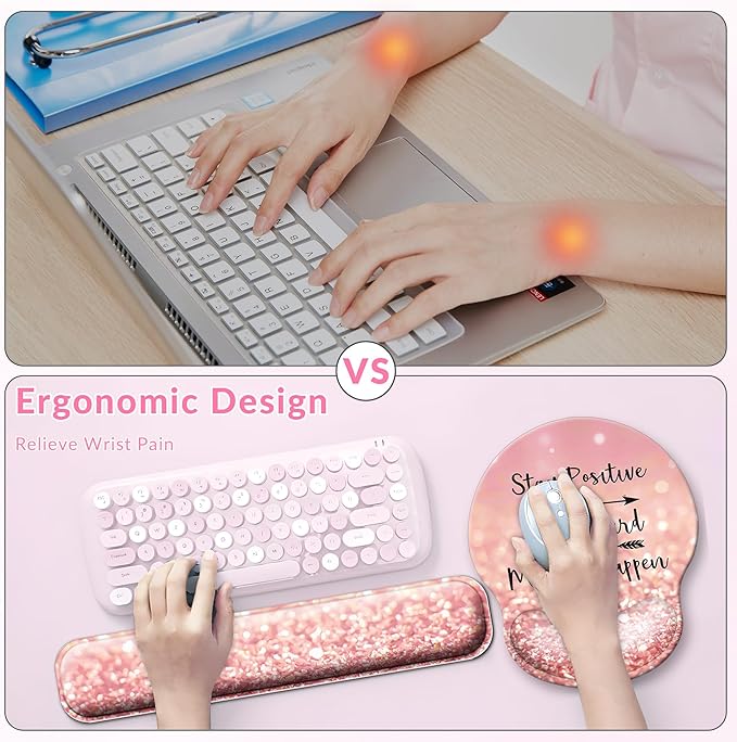 Desk Mat Set + Keyboard and Mouse Pad with Wrist Rest Support,4-in-1 Large Mousepad Computer Mats for Desktop Home & Office-Glitter Pink