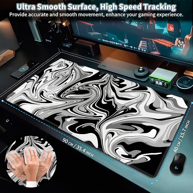 Gaming Mouse Pad, Grey Black White Big Desk Pad for Keyboard and Mouse, Extended 35.5" X 15.75" in Computer Keyboard Mouse Mat 3mm Thick XXL Rubber Mousepad for Laptop Gamer, Swirl Marble