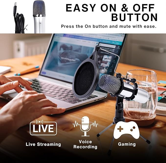 Omnidirectional Condenser Podcast Microphone for Computer - USB Microphone for PC - Gaming Mic for Streaming PC - Recording Mic for Singing w/Pop Filter, Shock Mount & Tripod - Music Studio Equipment