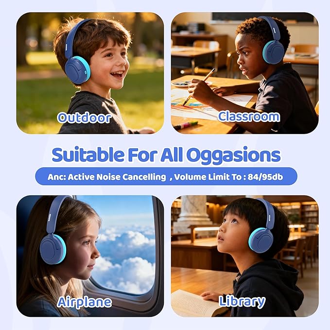 MIDOLA Kids Bluetooth Headphones Active Noise Cancelling Lightweight Wireless Headphone for Kid Volume Limited 85/94dB Foldable Over-Ear Headset with Aux/Mic,68 Hours Playtime,for Toddler Child Blue