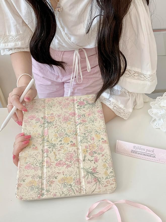 Adjustable Stand Hard PU Clear Back Folio Case for Apple Flowers Floral Pattern Refreshing Classic Vintage Pretty Chic Cute Lovely Girls Women (for iPad Air M4 13-Inch 8th Generation 2026)