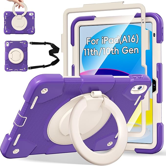 Andnary Case for iPad (A16) 11th /10th Generation 11/10.9 Inch 2025/2022 with Screen Protector/360° Rotate Stand/Shoulder Strap/Pencil Holder, Shockproof iPad 11th/10th Gen Cover (Purple+White)