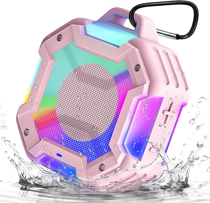 Bluetooth Shower Speaker, Speakers Bluetooth Wireless, IPX7 Waterproof Outdoor Speaker, Portable Speaker with LED Light, Clear Surround Sound for Home/Camping/Yoga/Kayaking(Pink)