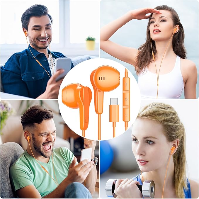 USB C Headphones for iPhone 17 Pro Max Air 16 15 Plus, Type C Earphone with Mic HiFi Stereo Magnet in Ear USBC Wired Earbuds for Samsung Galaxy S26 S25 S24 Ultra S23 Fe S22+ Flip/Pixel 10 9 8, Orange
