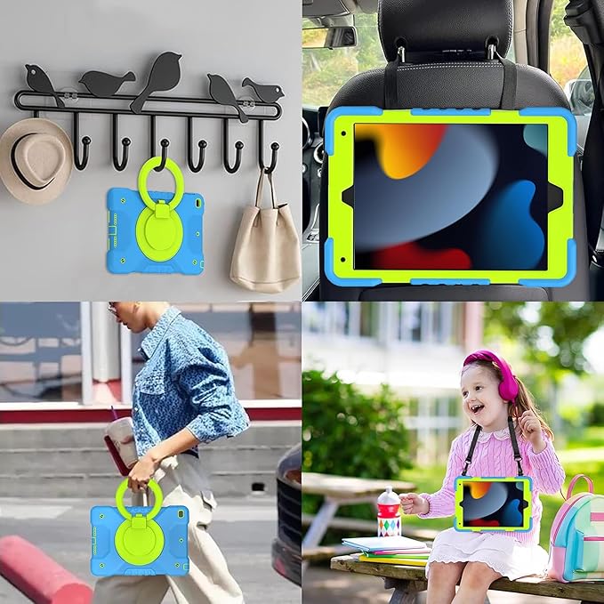 Andnary Case for iPad 9th/8th/7th Generation 10.2 inch, Shockproof Cover with Screen Protector/360° Rotating Handle/Bracket/Pen Holder/Shoulder Strap, Kids Case for iPad 2021/2020/2019 (Blue+Green)