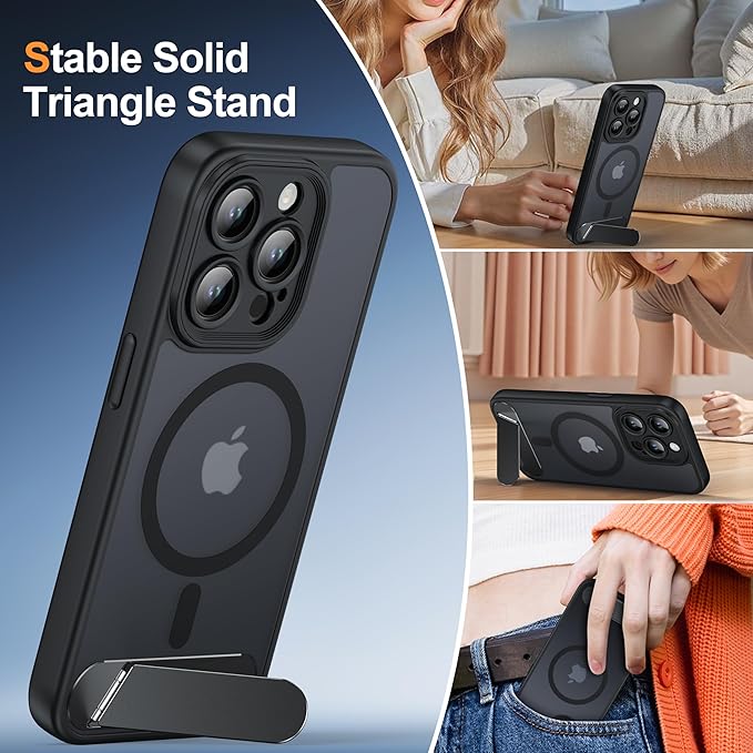 Magnetic Compatible with iPhone 15 Pro Case, [Built-in Kickstand][Full Camera Protection][Compatible with MagSafe][Anti-Fingerprint] Shockproof Phone Case for iPhone 15 Pro 6.1",Black