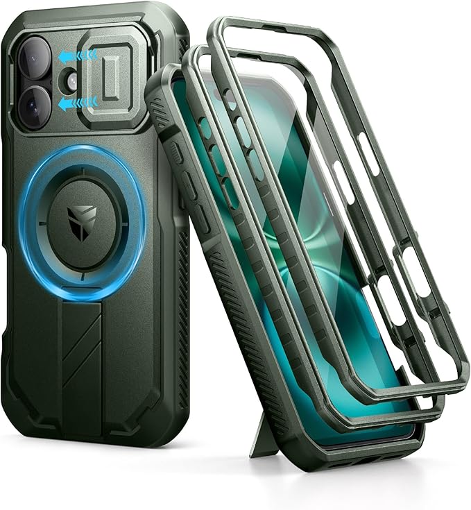 Dexnor for iPhone 16 Case with Slide Camera Cover & Adjustable Kickstand & Built-in Screen Protector,Compatible with MagSafe Shockproof Bumper Cases Heavy-Duty Magnetic Protective Cover,Army Green