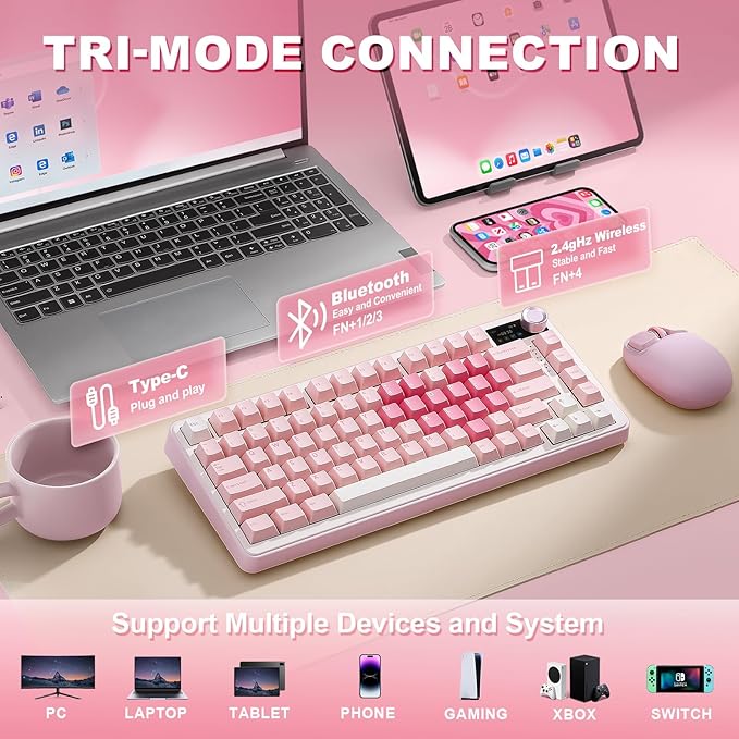 YUNZII B75 PRO MAX QMK/VIA Wireless Mechanical Keyboard,75% Layout with Screen and Knob,Hot Swap Gasket,Creamy Pre-lubed Switches,Bluetooth/Type-C/2.4G for Win/Mac (Pink Heart,Cocoa Cream V2 Switch)