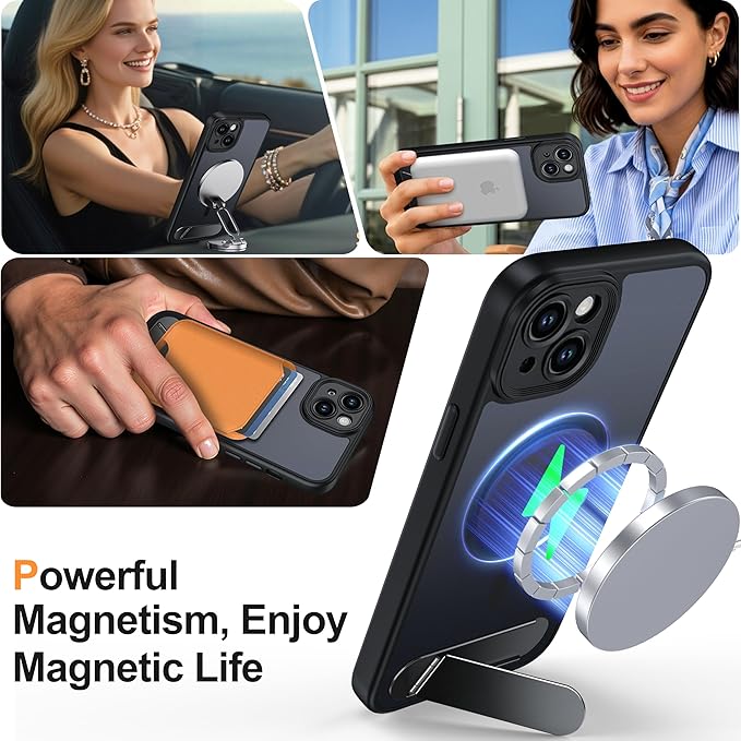 Magnetic Compatible with iPhone 15 Plus Case, [Built-in Kickstand][Full Camera Protection][Compatible with MagSafe][Anti-Fingerprint] Shockproof Phone Case for iPhone 15 Plus 6.7" Black