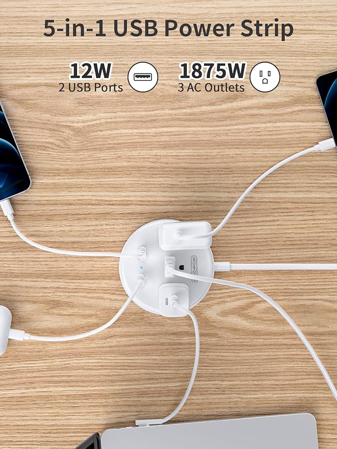 NTONPOWER Long Extension Cord 15FT, 1875W/15A 2 Prong to 3 Prong Outlet Adapter, 3 Outlets 2 USB Ports, Wall Mount 2 Prong Power Strip Flat Plug, 3 to 2 Prong Outlet Adapter for Old House, Office