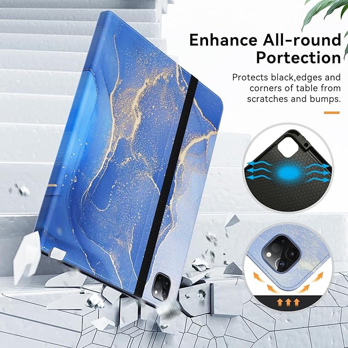 Zonefoker Case for New iPad Pro 12.9 inch 6th/5th/4th/3rd Generation 2022/2021/2020/2018, 12.9'' ipad Pro Leather Protective Cover 6/5/4/3 Gen with Pencil Holder, Auto Wake/Sleep, Marble Gary Blue