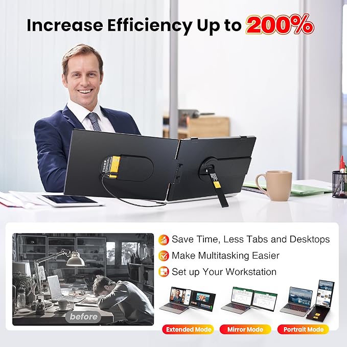 Laptop Screen Extender 0.27" Ultra-Thin, 14" FHD 1080P IPS Dual Portable Monitor, USB-C/HDMI Plug & Play Travel screen extender for 13-17" Laptops, Compatible with Window/Mac/Chrome/Switch/Android