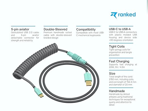 Ranked Coiled Keyboard Cable | Handcrafted Double-Sleeved Braided Cable | USB Type C to A | 5-Pin Aviator Connector for Custom Mechanical Gaming Keyboard | Support Fast Charge 20W (Dolch)