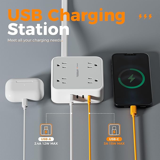 TESSAN Surge Protector Power Strip, 5 Ft Flat Plug Extension Cord with 4 USB (3 USB C) 8 Outlets, 1250W, 900J Protection, 3 Sided Outlet Extender with Power Switch for Office, Dorm Room, Grey