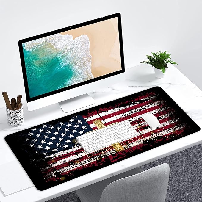 Desk Mat,American Flag Jesus Cross Mouse Pad Large Gaming for Desk,Non-Slip Rubber Base Mousepad,31.5x15.7 Inch for Office Home Work & Game