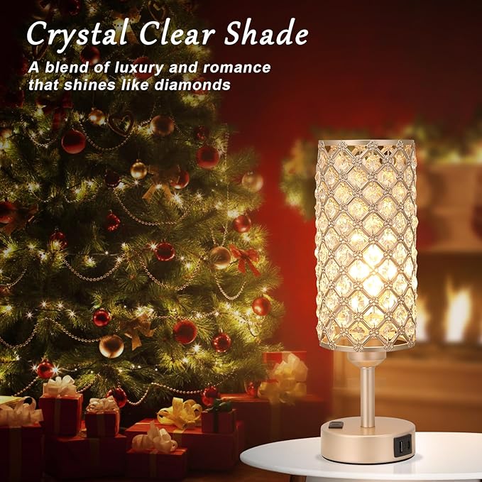 Hong-in Touch Table Lamps for Bedrooms Set of 2-3 Way Dimmable Champagne Gold Crystal Lamps with Crystal Shade, Bedside Nightstand Lamp for Living Room Bedroom Home Office