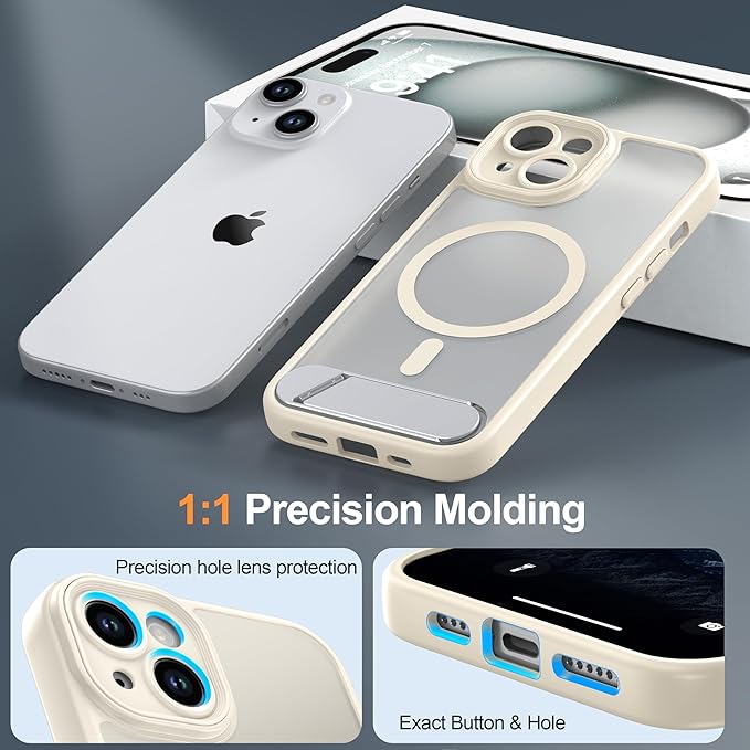 Magnetic Compatible with iPhone 15 Case, [Built-in Invisible Kickstand][Compatible with MagSafe][Full Camera Protection] Translucent Matte Phone Case for iPhone 15 6.1" Beige