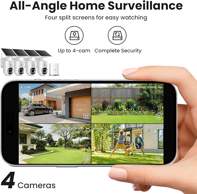 SOLIOM- 5MP Security Cameras Wireless Outdoor, No Subscription & Solar Powered,4-Cam Pack Cameras for Home Security with 360° Auto Motion Tracking, 3K Color Night Vision,5G & 2.4G Router Compatible