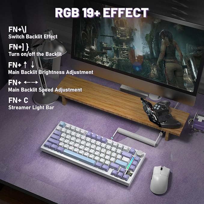 A.JAZZ Attack Shark X820Ultra 75% Wireless Mechanical Gaming Keyboard and Coiled Cable Hot Swappable 2.4GHz/Bluetooth/Wired Keyboard with Screen & Knob RGB Backlit Gasket Mount Shark Switch-Starwhite