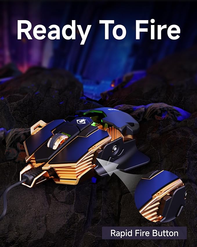 SEUNKWANG EWEADN G5 Wired Gaming Mouse, Ergonomic RGB Computer Mouse, 12800 Adjustable DPI, 9 Programmable Macro Buttons with Rapid Fire Key Compatible for PC/Laptop/Windows- Black&Gold