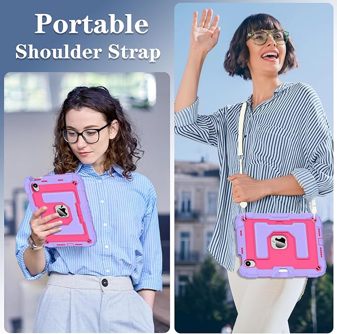 Kids Friendly Case for Apple iPad mini 7 A17 Pro 2024/iPad Mini 6 2021 8.3 Inch 7th/6th Gen Case with Pencil Holder & Shoulder Strap, Shockproof Kickstand Hard Shell Protective Cover,Rose+Purple