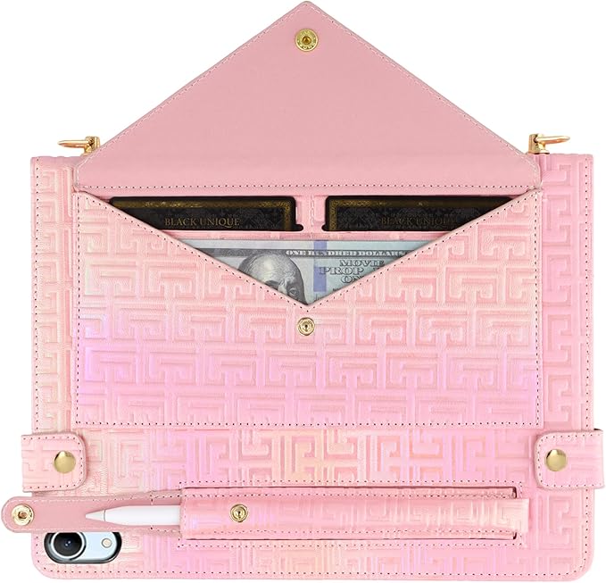 Shiny Case for iPad mini 7 2024/Mini 6th Gen Handbag Case, Techcircle Iridescent PU Leather Folio Envelope Pocket Stand Cover with Hand Strap+Shoulder Strap+Pencil Holder+Card Slots, Shiny Pink